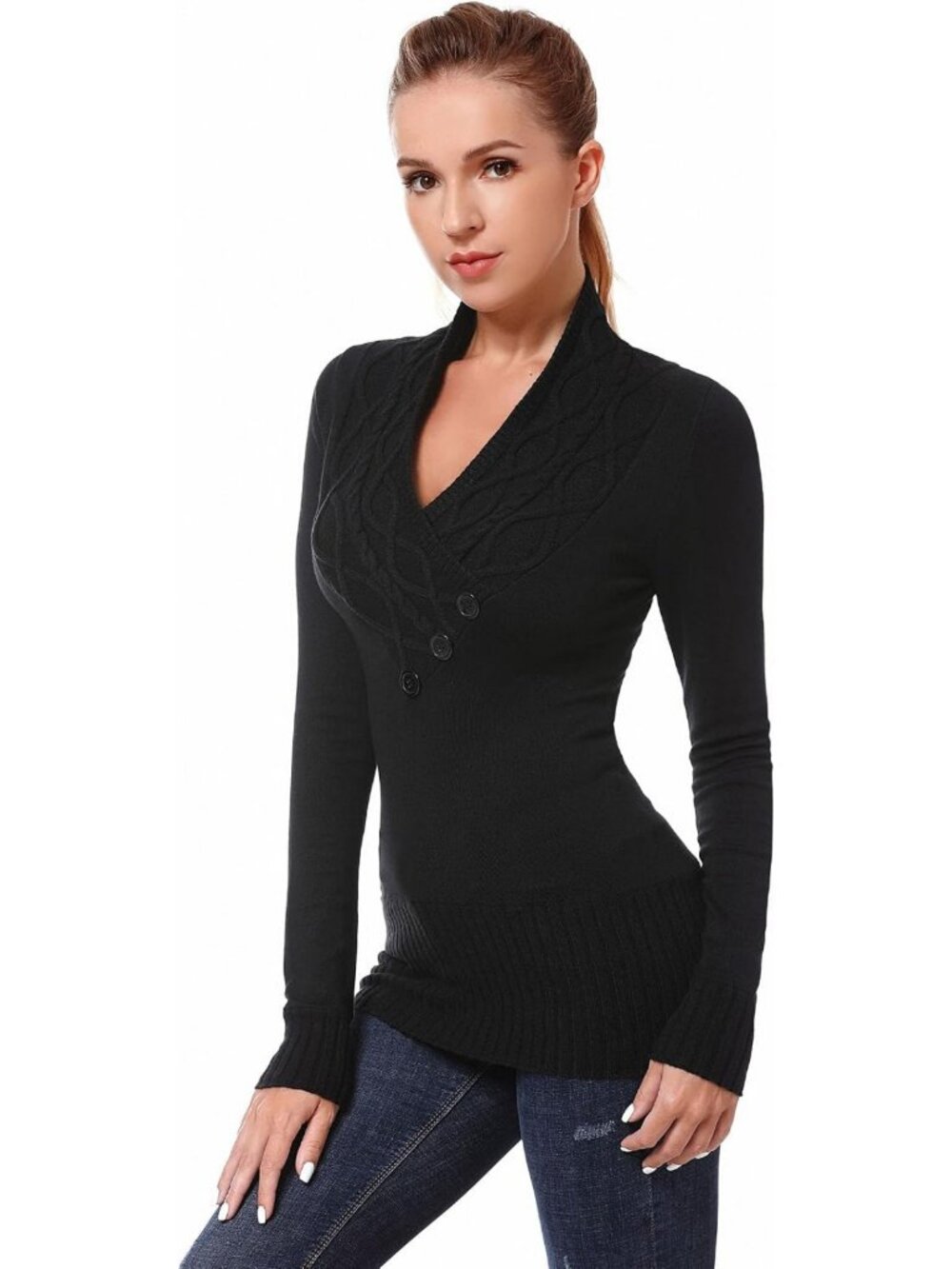 Cozy Crossover Cable Knit V-Neck Long Sleeve Pullover Sweater for Women